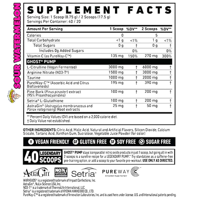 Tabla nutricional Ghost Pump V2 - 6g L-Citrulina, NO3-T Arginina, AstraGin por porción.