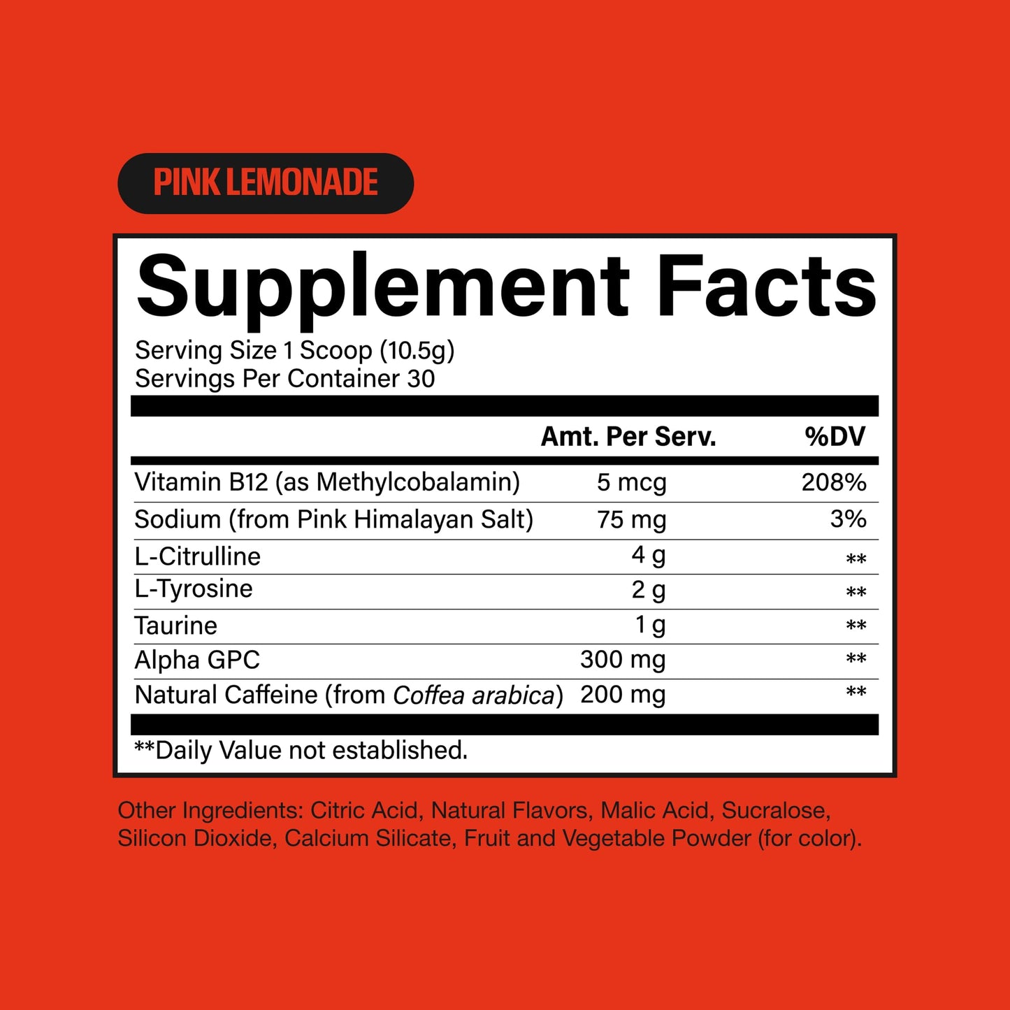 Tabla nutricional RAW Essential Pre-Workout Tingle Free – L-Citrulina 4g, cafeína natural 200mg, Alpha GPC 300mg