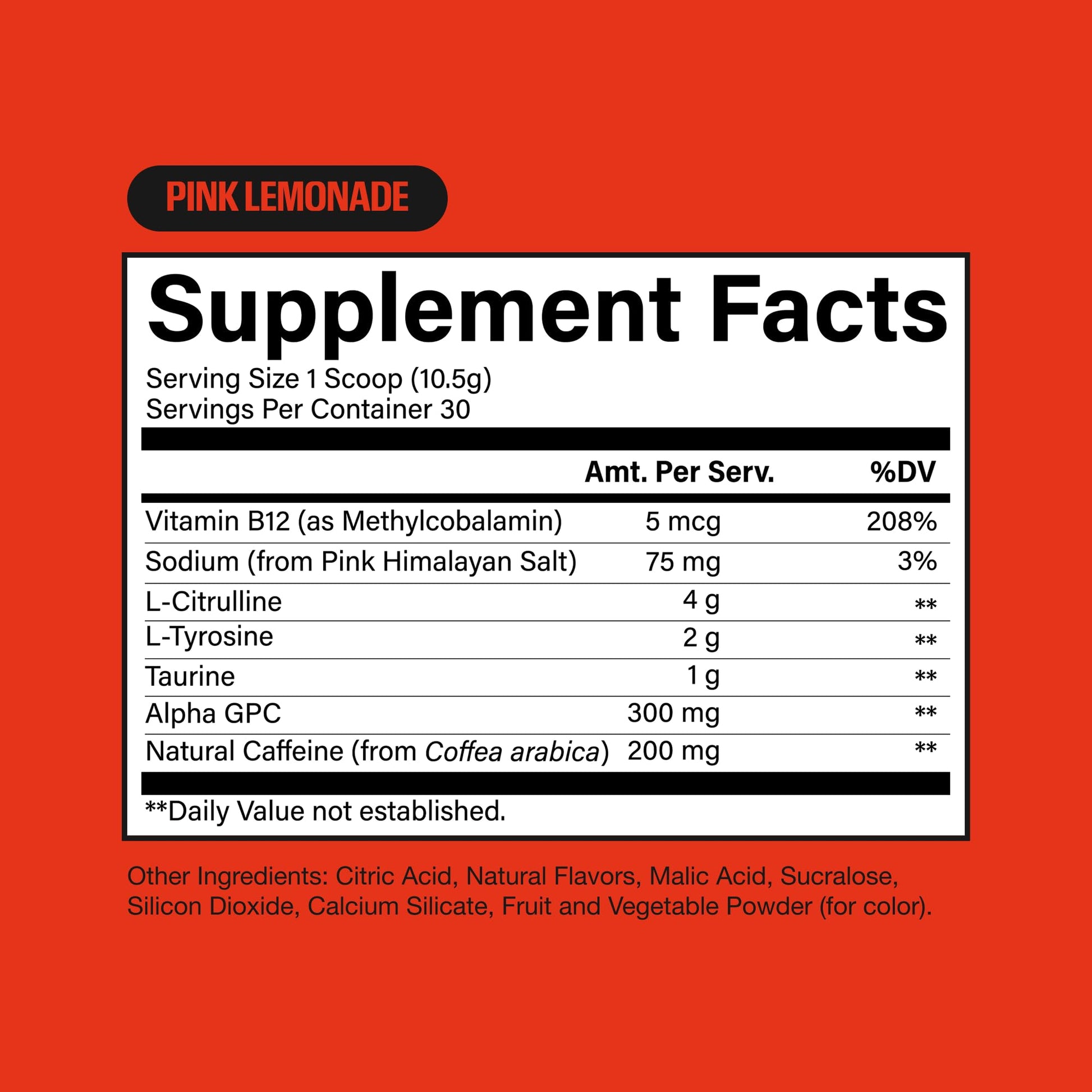 Tabla nutricional RAW Essential Pre-Workout Tingle Free – L-Citrulina 4g, cafeína natural 200mg, Alpha GPC 300mg