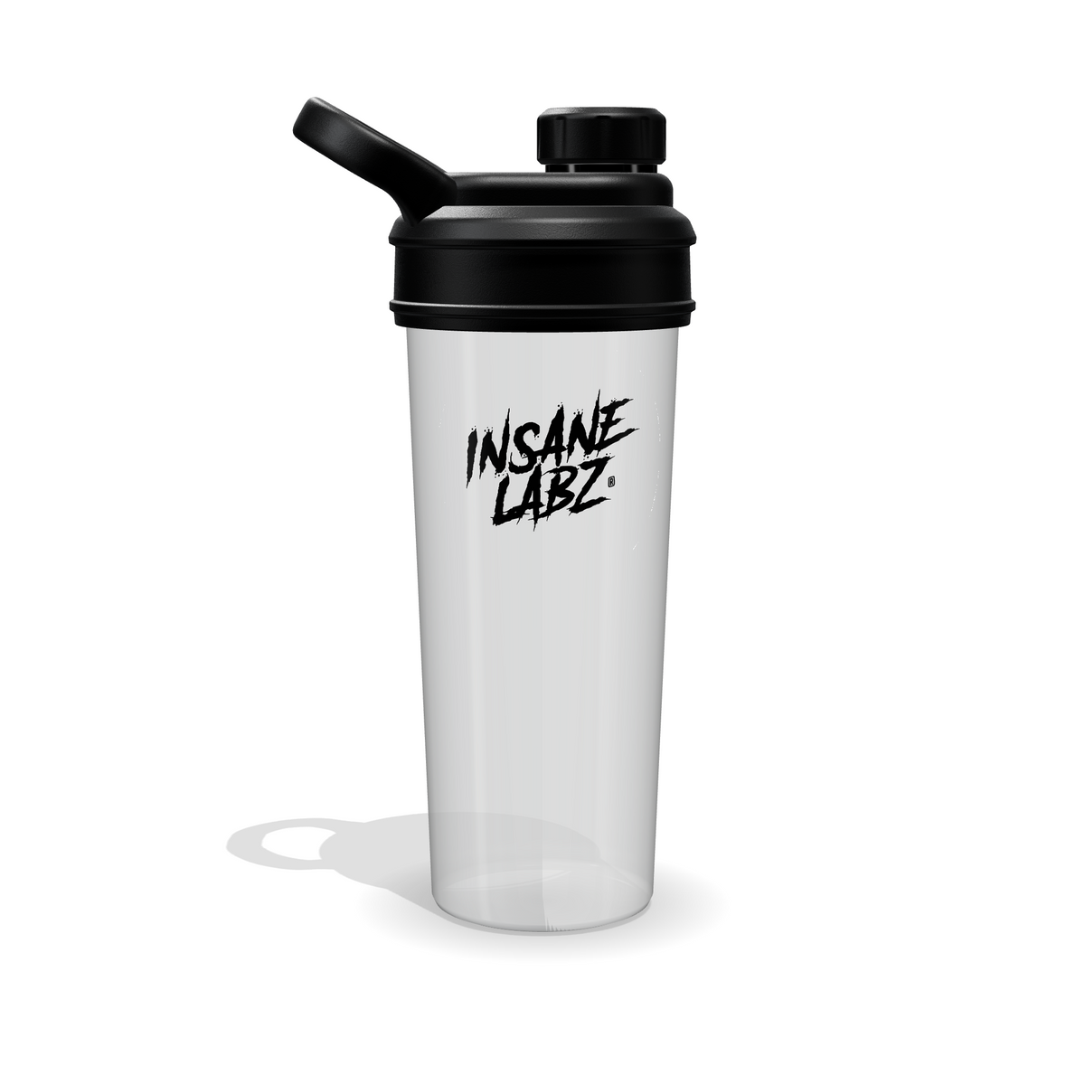 Shaker Insane Labz translúcido de 700 ml con tapa negra y logotipo Insane Labz en negro, vista de frente