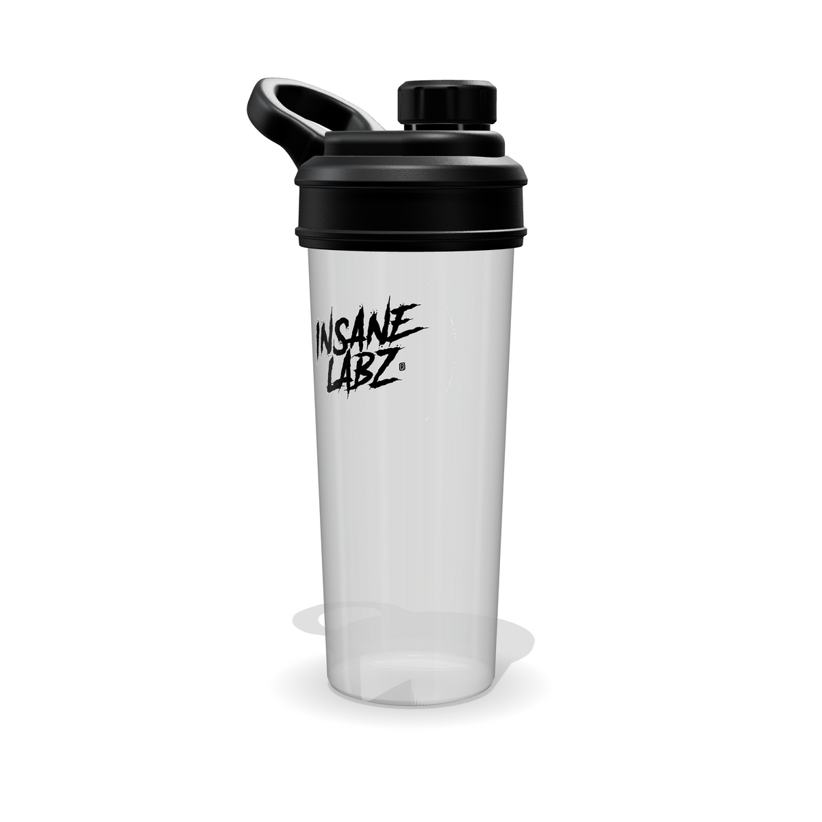 Shaker Insane Labz translúcido de 700 ml en tres cuartos con tapa de rosca negra, asa de argolla y tapón con estrías