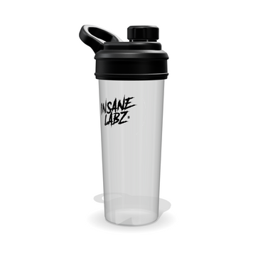 Shaker Insane Labz translúcido de 700 ml en tres cuartos con tapa de rosca negra, asa de argolla y tapón con estrías