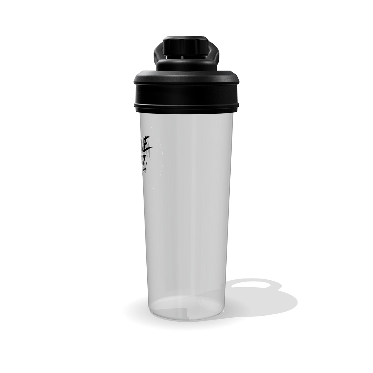 Shaker Insane Labz translúcido de 700 ml visto de perfil, con tapa y asa negras