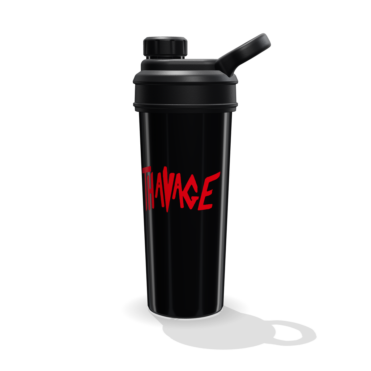 Parte trasera del shaker RAW Thavage negro de 700 ml con la palabra THAVAGE en rojo