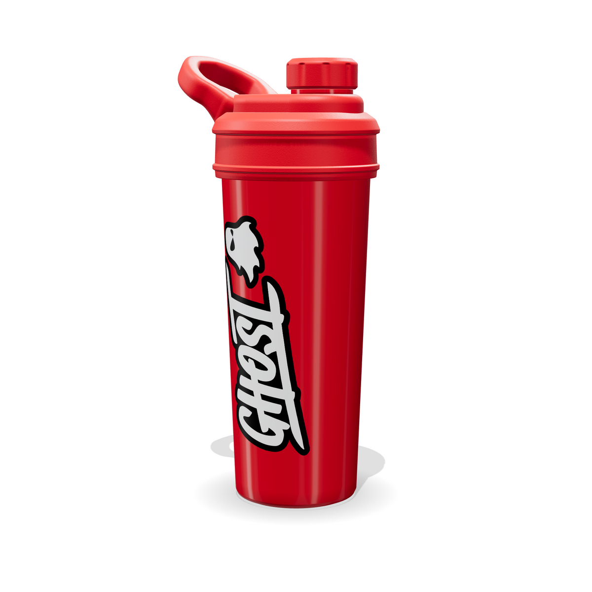 Shaker Ghost rojo de 700 ml en tres cuartos con tapa de rosca, asa de argolla y tapón con estrías