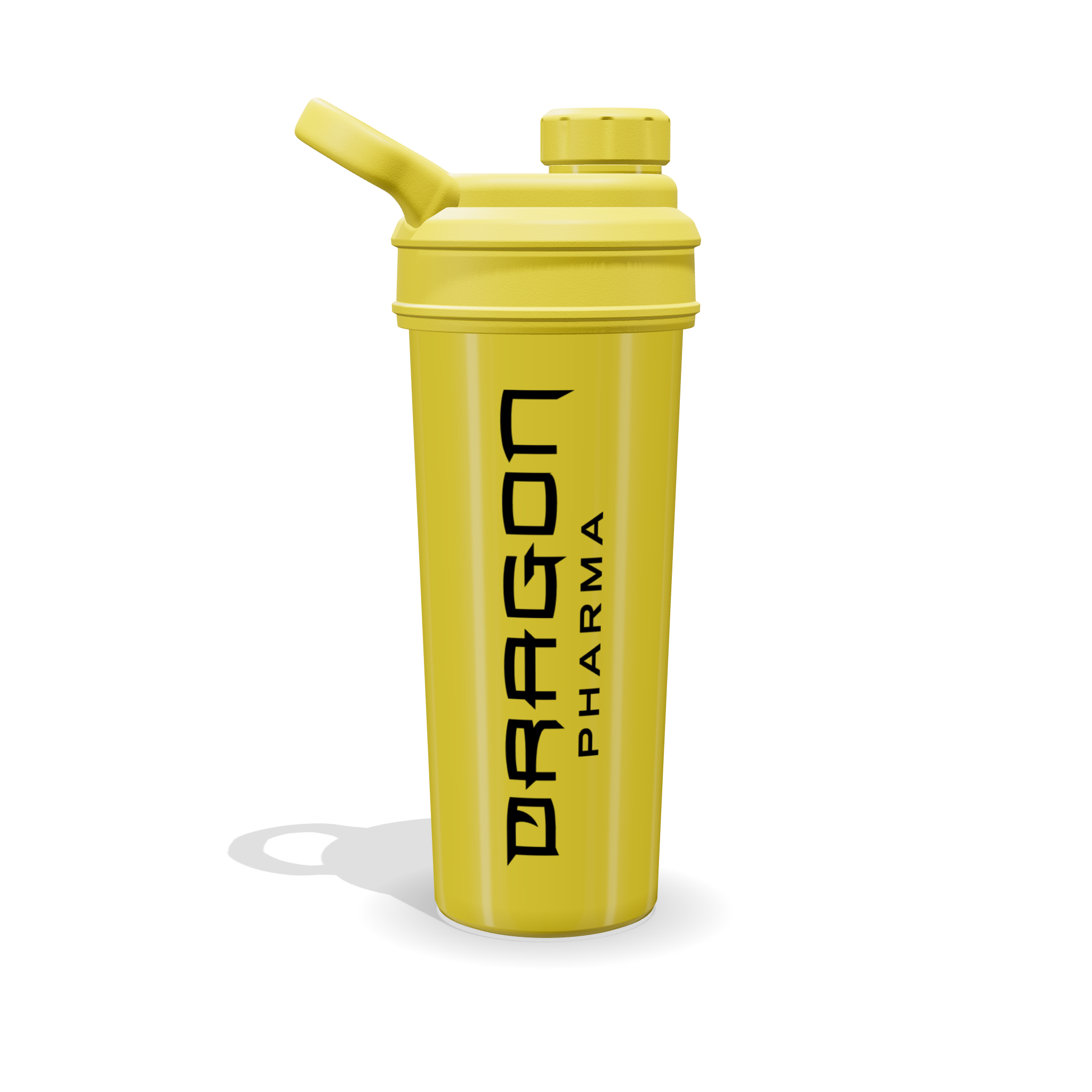 Shaker Dragon Pharma amarillo de 700 ml con el logotipo vertical en negro, vista de frente