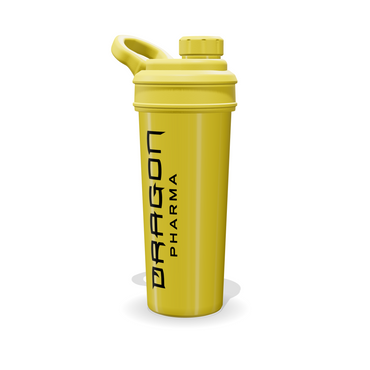 Shaker Dragon Pharma amarillo de 700 ml en tres cuartos con tapa de rosca, asa de argolla y tapón con estrías