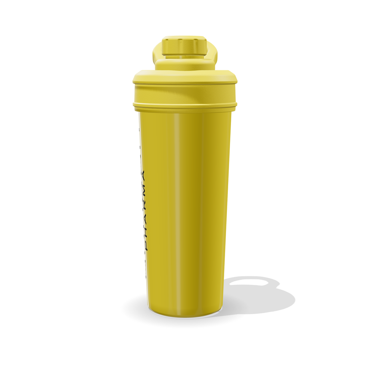 Shaker Dragon Pharma amarillo de 700 ml visto de perfil, con tapa y asa del mismo color