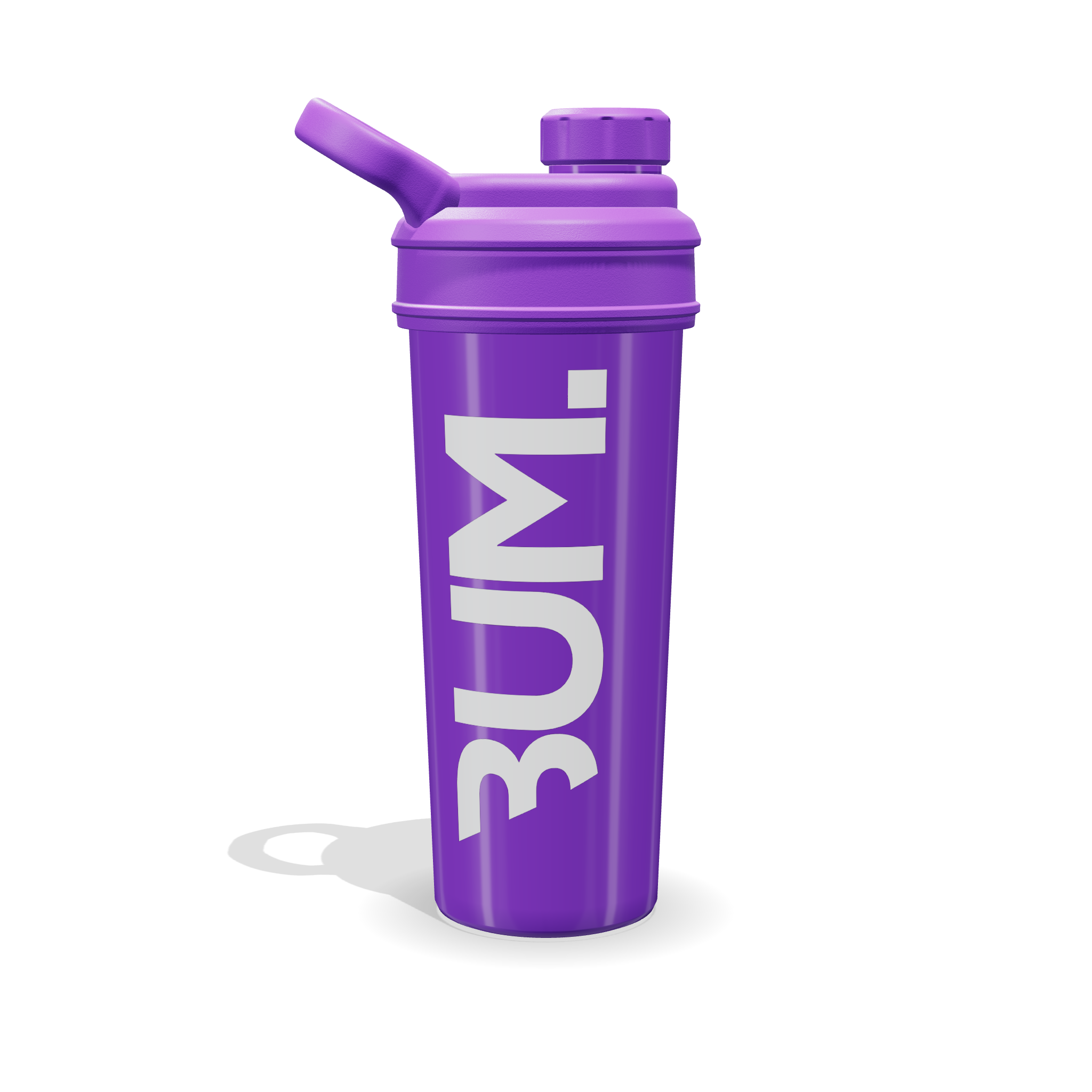 Shaker CBUM morado de 700 ml con el logotipo BUM. vertical en blanco, vista de frente