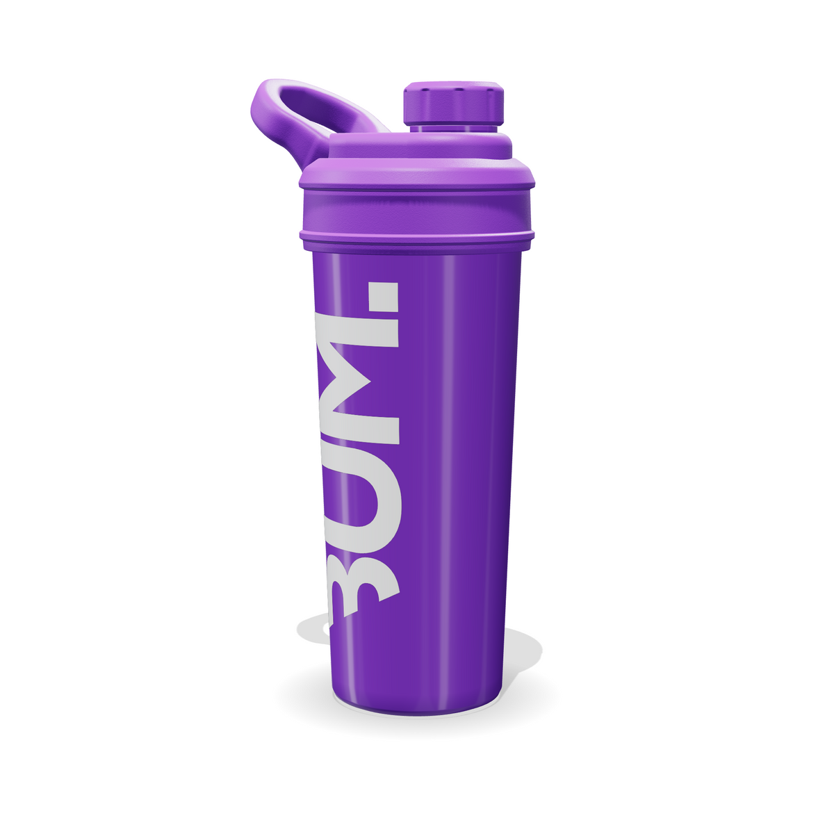 Shaker CBUM morado de 700 ml en tres cuartos con tapa de rosca, asa de argolla y tapón con estrías