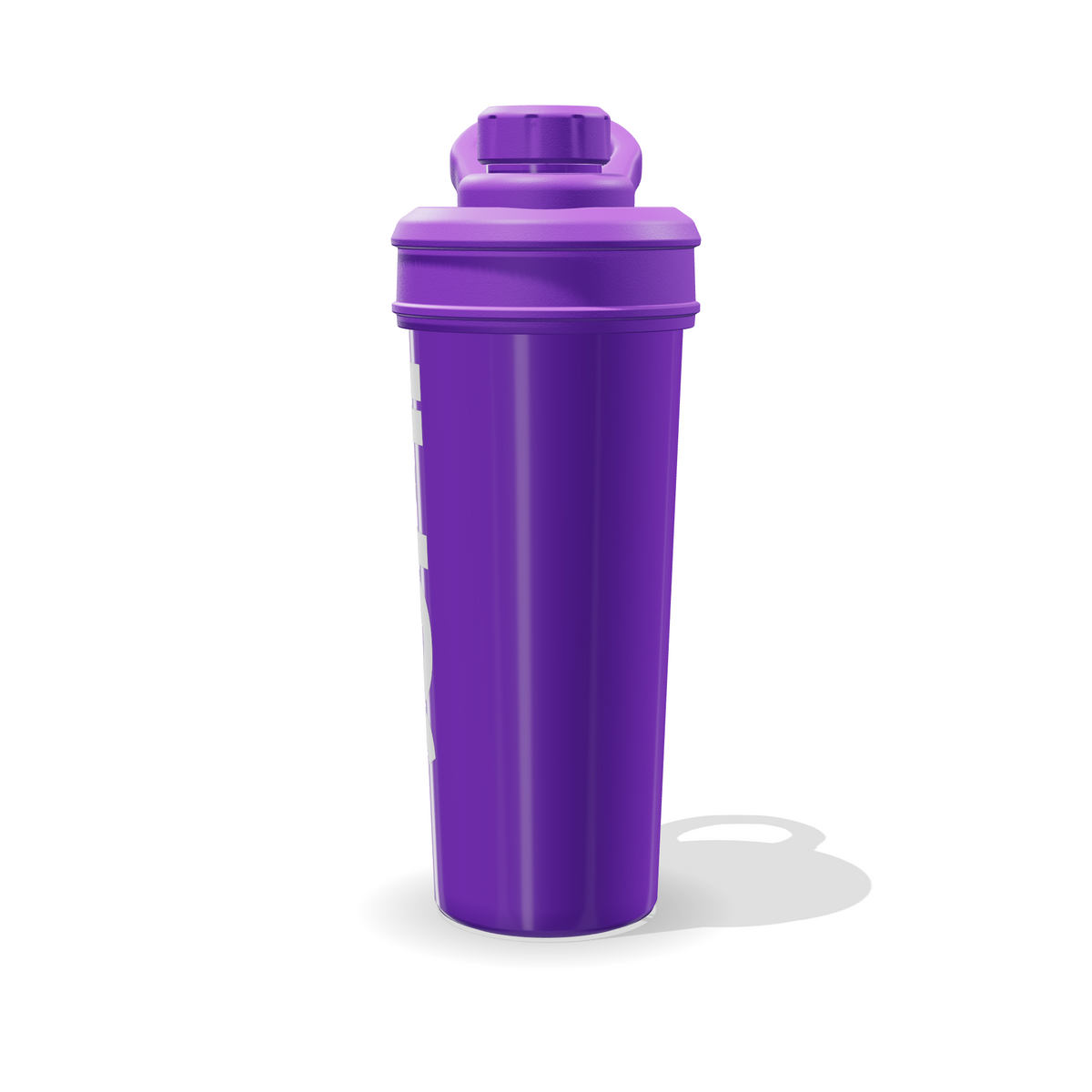 Shaker CBUM morado de 700 ml visto de perfil, con tapa y asa del mismo color