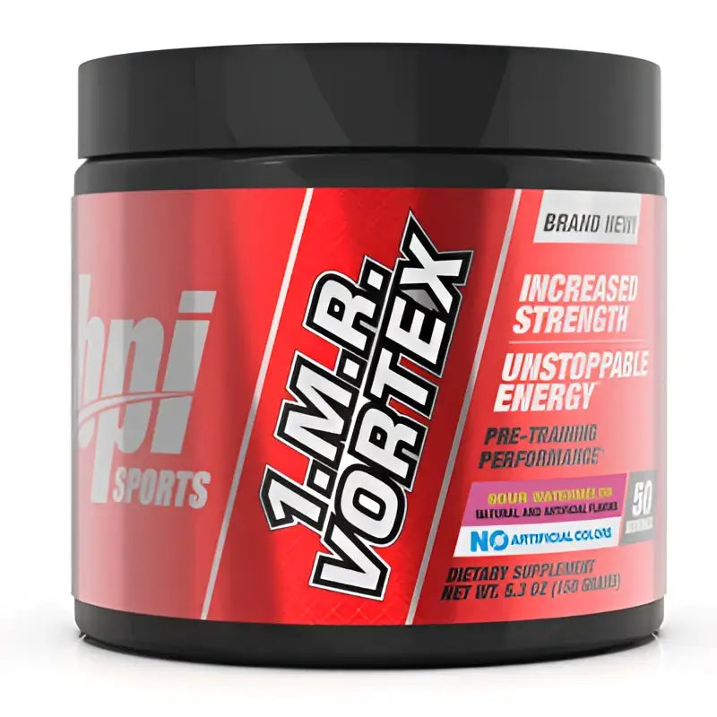 Envase rojo y negro de bpi sports 1 m.r vortex pre entreno suplemento pre workout para rendimiento deportivo