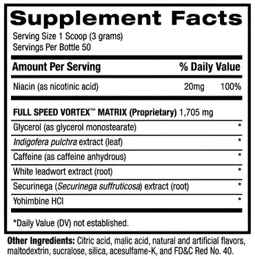 Etiqueta trasera del suplemento bpi sports 1 m.r vortex pre entreno con ingredientes como niacina y cafeína