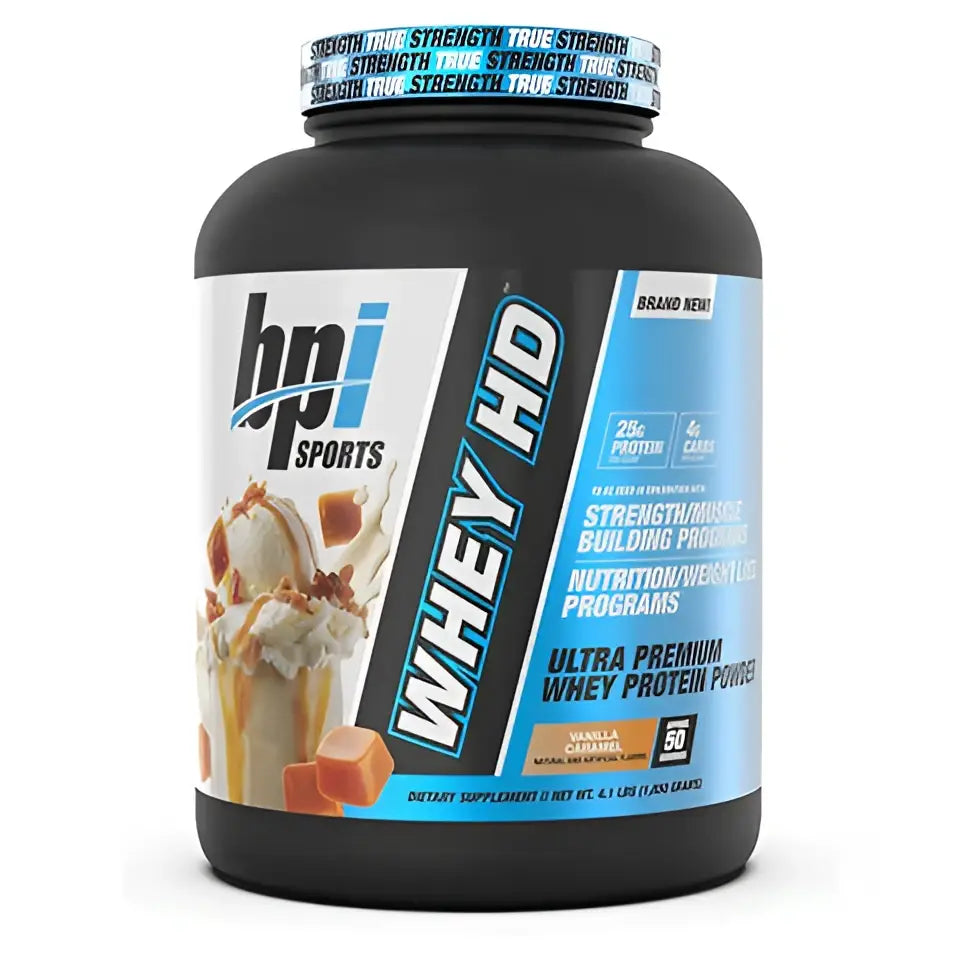 Envase negro de plástico de bpi sports whey hd proteína whey ultra premium sabor vainilla caramelo para desarrollo muscular