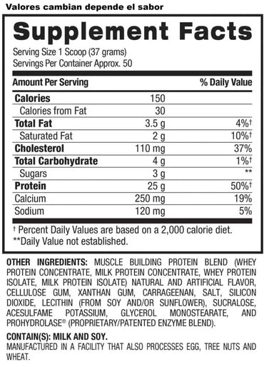 Etiqueta de la parte trasera del suplemento BPI Sports Whey HD con datos nutricionales para desarrollo muscular