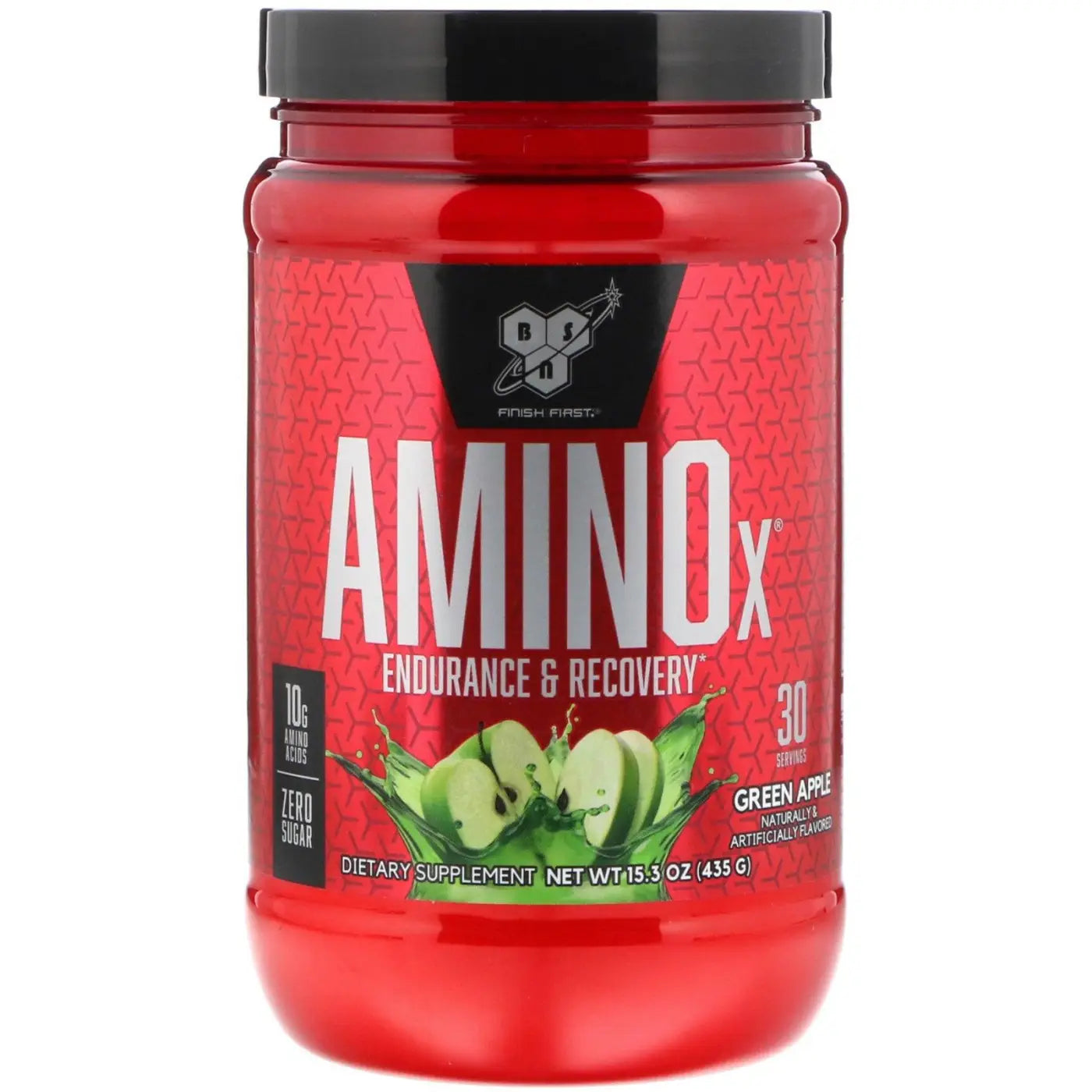 Envase rojo de plástico con tapa negra de bsn amino x aminoácidos esenciales sabor manzana verde suplemento dietético efervescente