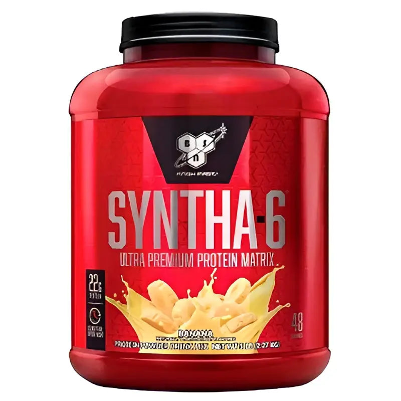 Contenedor rojo de proteína ultra premium bsn syntha 6 sabor plátano para nutrición deportiva