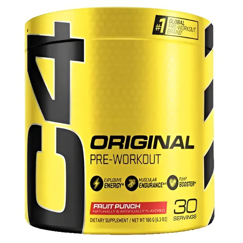 Envase cilíndrico amarillo brillante con gráficos negros y texto original pre workout de cellucor c4 original