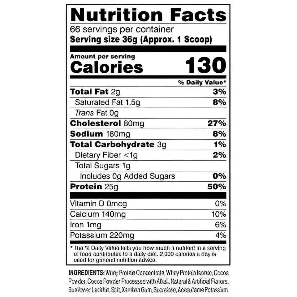 Etiqueta nutricional blanco y negro del reverso de cellucor c4 whey proteína de suero con dosis de 36 g