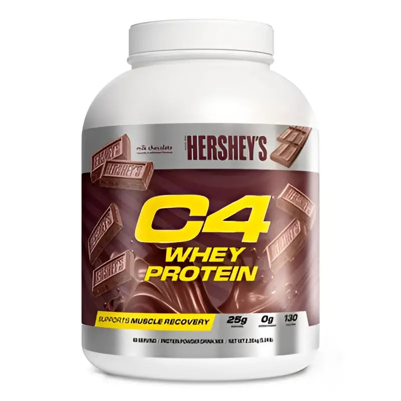 Cellucor c4 whey proteína de suero de leche en envase blanco con etiqueta temática de chocolate