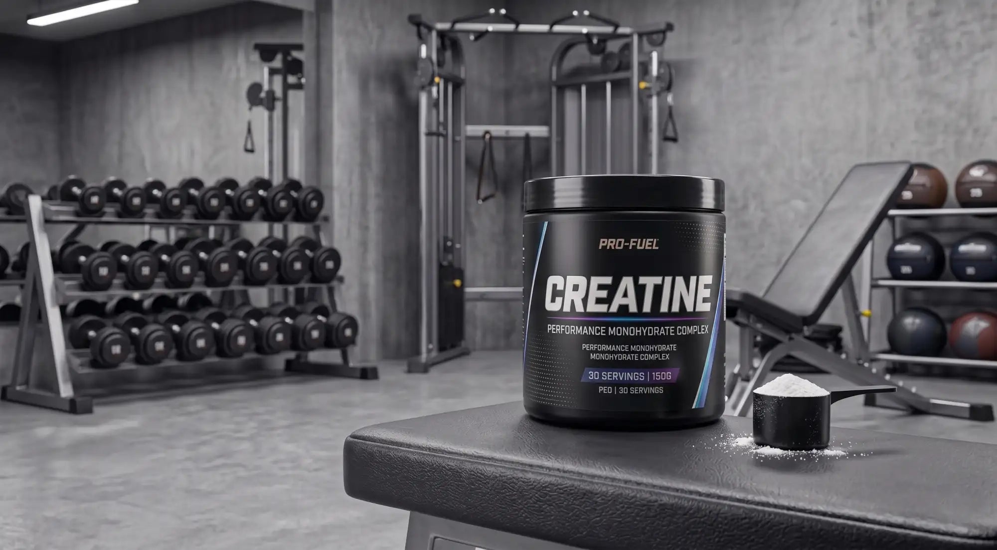 Contenedor cilíndrico negro de monohidrato de creatina de alto rendimiento, complejo con creatina pro-fuel, con etiquetado blanco y morado, sobre un banco de gimnasio junto a una pequeña cuchara medidora.