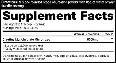 Etiqueta trasera del suplemento dragon pharma creatine monohydrate 1 kilo 200 servicios con dosis y tamaño de porción detallados