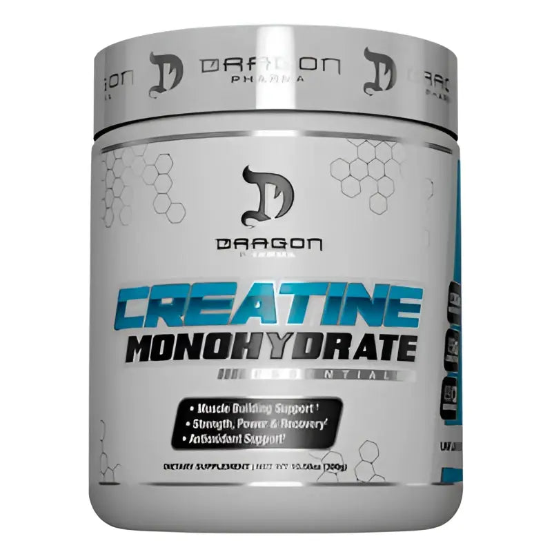 Envase plateado y azul de dragon pharma creatina monohidratada micronizada suplemento dietético