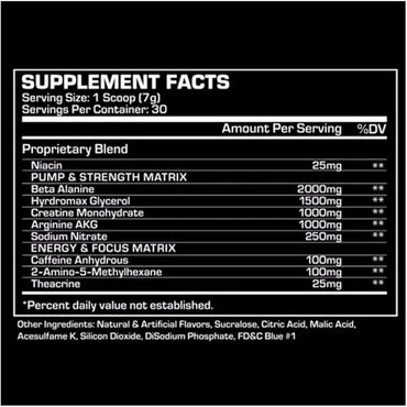 Etiqueta en blanco y negro del suplemento dragon pharma mr veginz pre entreno con ingredientes beta alanina creatina cafeína y theacrina