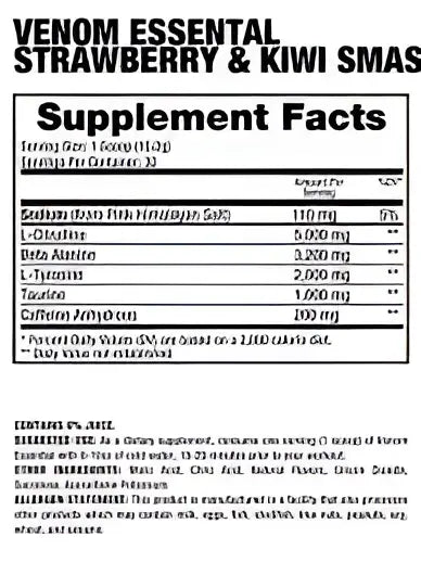 Dragon Pharma Venom essential suplemento pre workout sabor fresa y kiwi en envase plástico transparente 1.5 oz