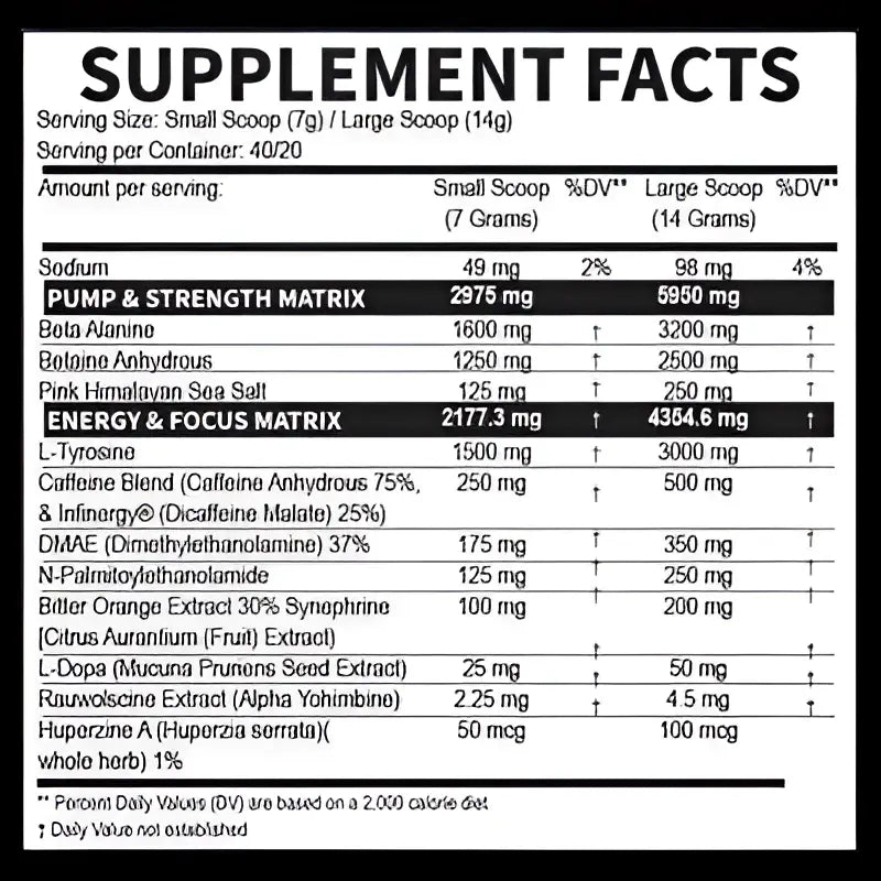 Etiqueta de suplemento de la parte trasera de venom inferno de dragon pharma con información nutricional para enfoque mental y fuerza