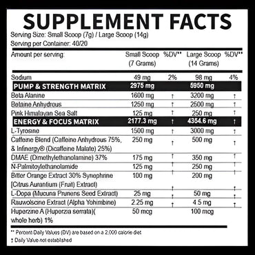 Etiqueta de suplemento de la parte trasera de venom inferno de dragon pharma con información nutricional para enfoque mental y fuerza