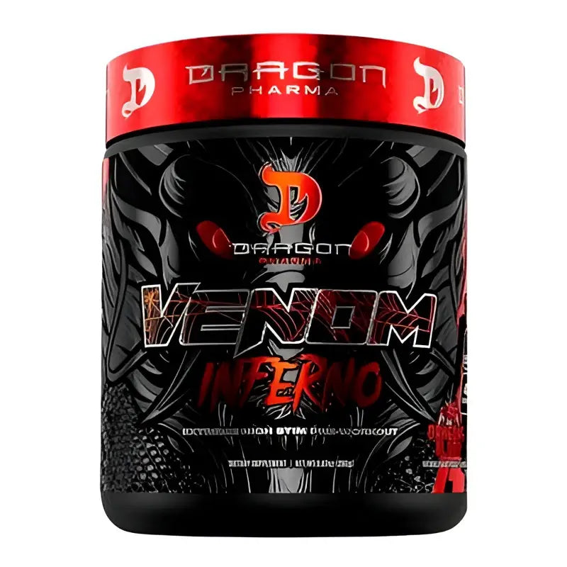 Dragon pharma venom inferno pre entrenamiento en envase negro y rojo con diseño de dragón para enfoque mental extremo