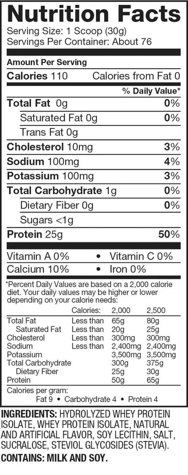 Etiqueta nutrimental de Dymatize ISO100 proteína aislada hidrolizada sabor Dunkin' Glazed Donut