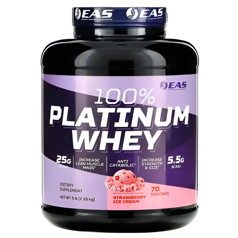 Envase negro de plástico de proteína de suero de leche eas 100% platinum whey sabor helado de fresa