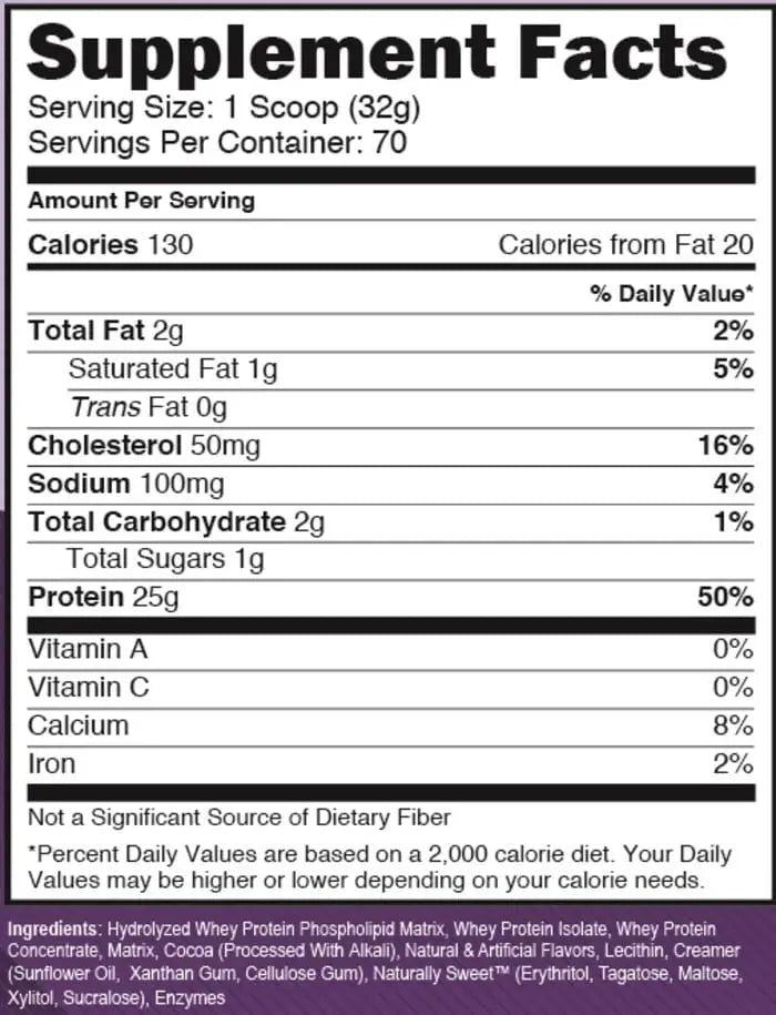 Etiqueta de suplemento del lado posterior del eas 100% platinum whey con 25g de proteína y proteína de suero