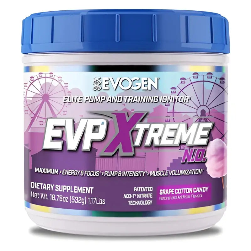 Envase vibrante púrpura y azul de evogen evp xtreme n.o. pre entreno con citrulina pura sabor algodón de uva