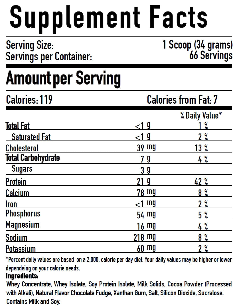 Información nutrimental de Freak Protein sabor chocolate: 21 g de proteína y 119 calorías por porción de 34 g; contiene leche y soya