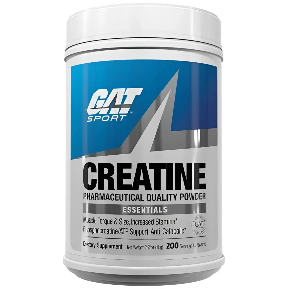 Gat creatina monohidrato en polvo en envase blanco cilíndrico con etiqueta azul y plateada para recuperación muscular