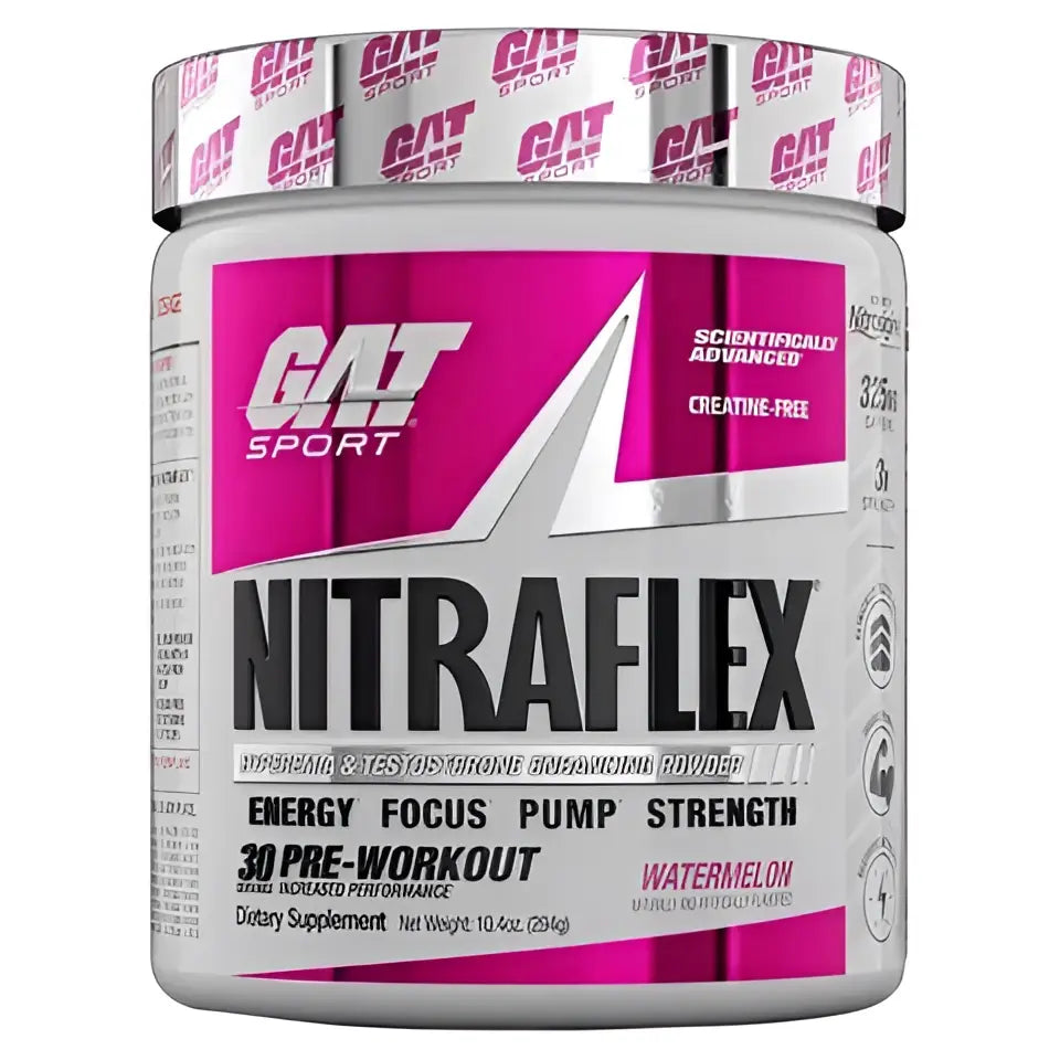 Contenedor rosa y plateado de gat nitraflex pre workout sabor sandía para energía y rendimiento deportivo