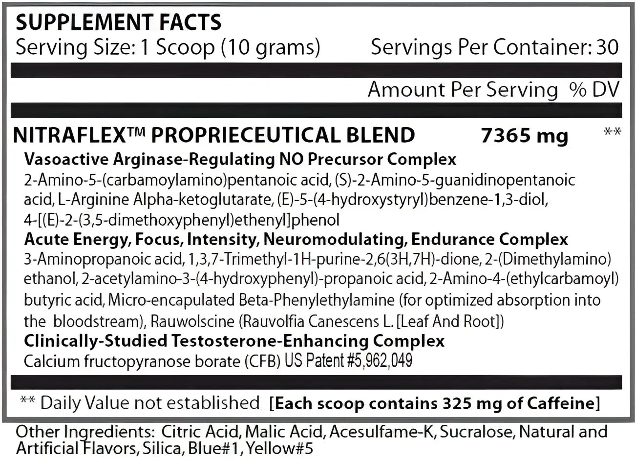 Etiqueta trasera del suplemento gat nitraflex pre con ingredientes y tamaño de porción en texto negro sobre fondo blanco para energía pre entreno