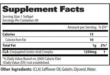 abla de información nutricional GAT Sport CLA 1250 – 1,250mg de CLA por softgel, 90 porciones, libre de estimulantes