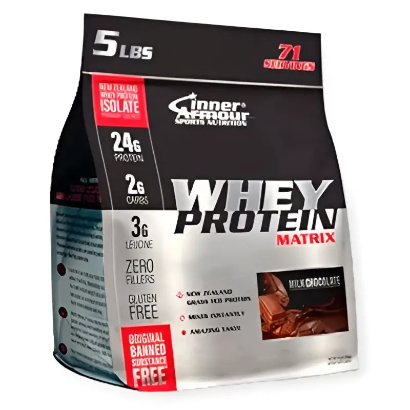 Bolsa plateada y negra de inner armour whey protein matrix sabor chocolate con leche proteína de suero de leche proteínas concentradas