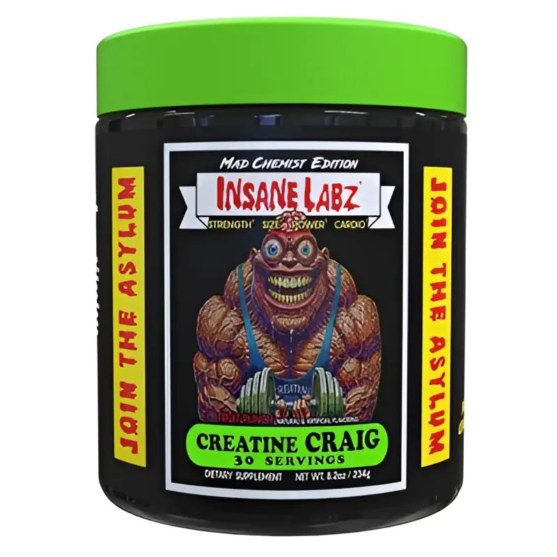 Envase negro con tapa verde de insane labz creatine craig suplemento dietético creatina craig