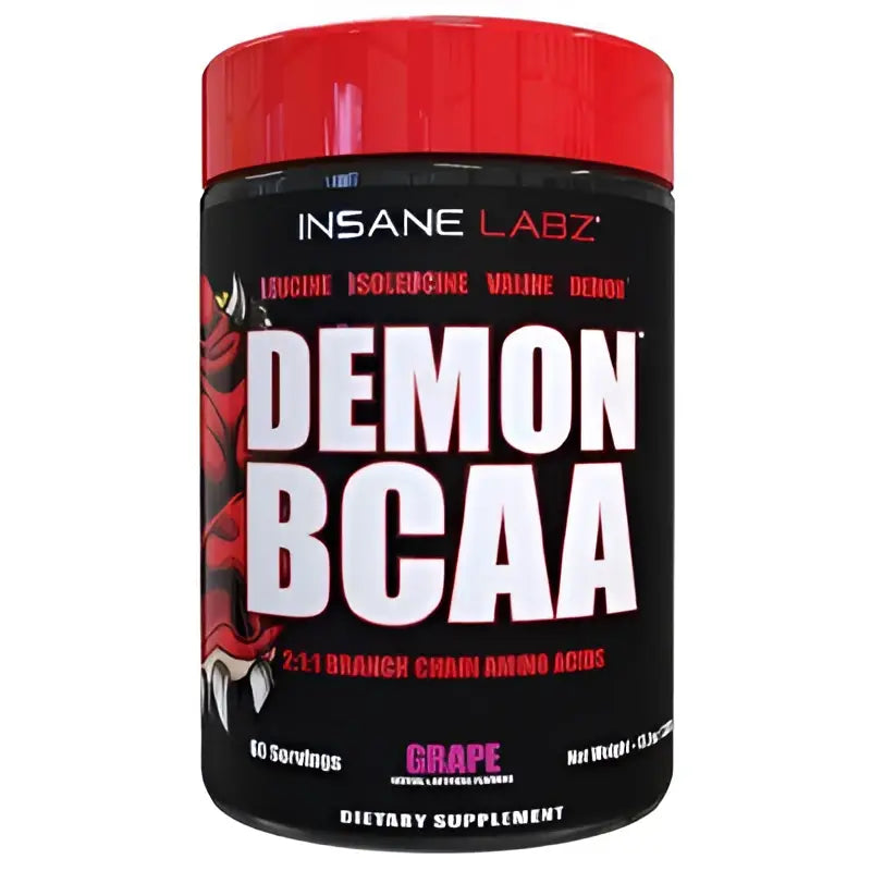 Envase negro con tapa roja de suplemento demon bcaa de insane labz sabor uva con aminoácidos esenciales