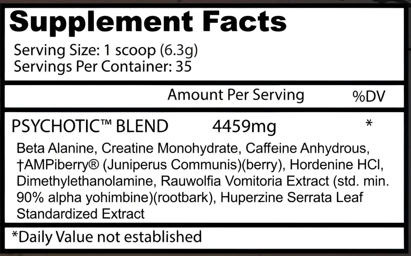 La etiqueta de hechos del suplemento de la parte posterior de insane labz psychotic muestra 4459mg por porción con creatina y enfoque mental