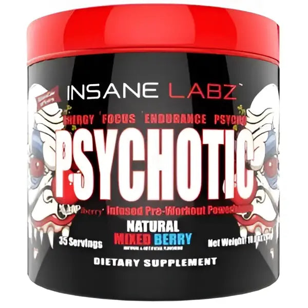 Contenedor rojo y negro de insane labz psychotic pre entreno con enfoque mental para 30 servicios