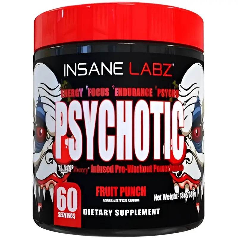 Contenedor rojo y negro de insane labz psychotic pre-entreno en polvo sabor fruit punch con 60 servicios