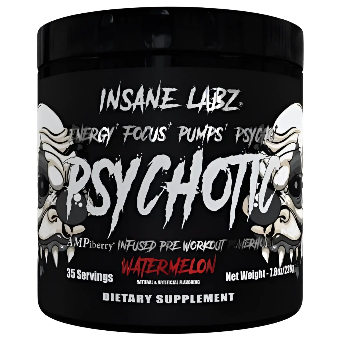 Envase cilindrico negro de insane labz psychotic black pre workout con etiqueta calavera en rojo blanco y gris