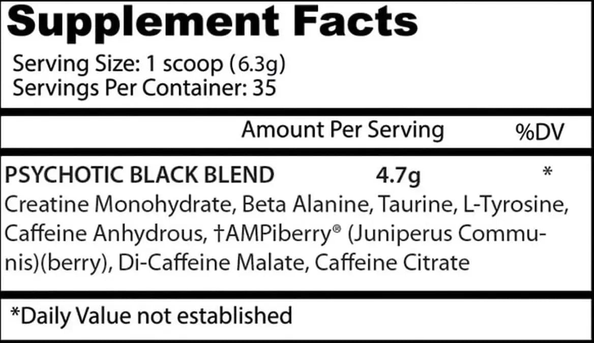 Etiqueta trasera del suplemento psychotic black pre de insane labz con ingredientes y tamaño de la porción para pre entreno