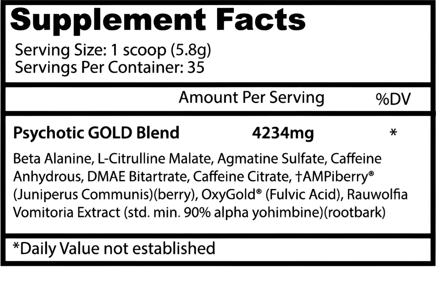 Etiqueta trasera de psicotic gold pre entreno de insane labz en diseño blanco y negro con lista detallada de ingredientes